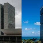 Split image showing gray buildings in Brazil versus sunny modern towers in Miami.