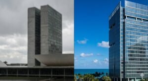 Split image showing gray buildings in Brazil versus sunny modern towers in Miami.