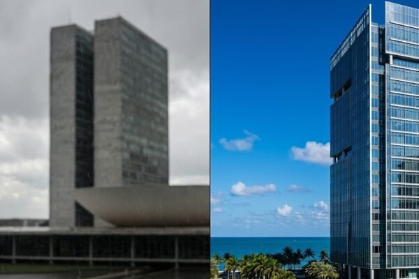 Split image showing gray buildings in Brazil versus sunny modern towers in Miami.